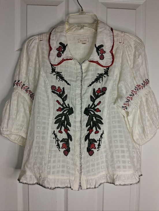 Pilcro Tops - Pilcro White Button-Front Blouse with Red & Green Floral Embroidery Size Small